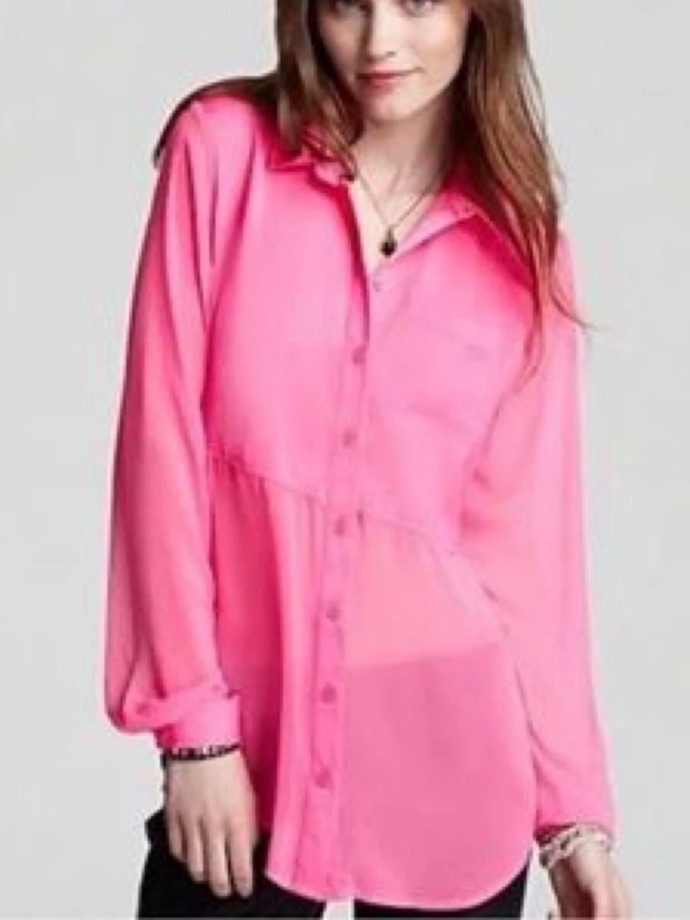 Free People Sheer Button-Up Blouse in Bright Pink